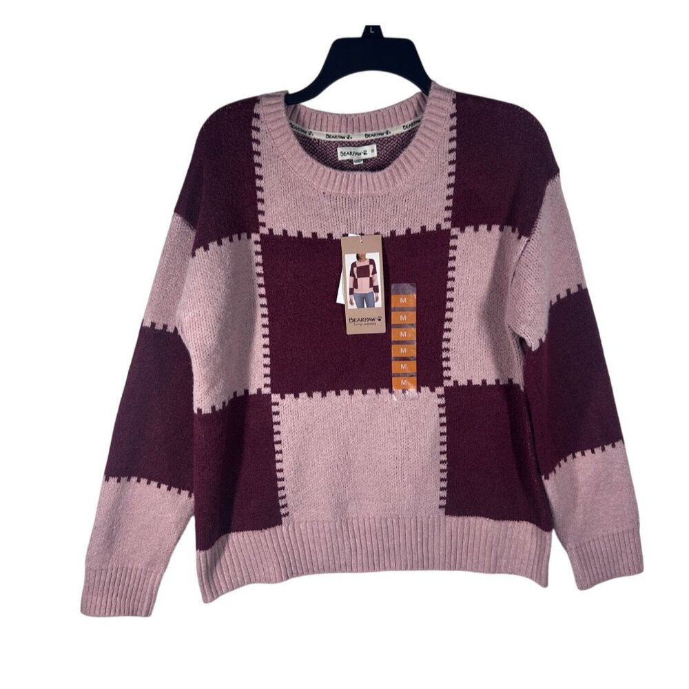 Bearpaw Sweater Women's Size M Plaid Pattern‎ Pink & Burgundy Polyester Blend